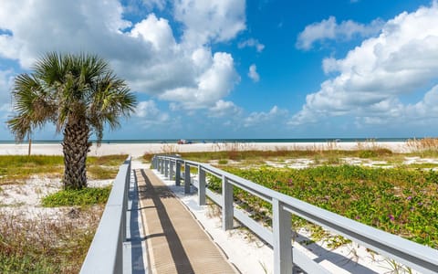 Stroll along the boardwalk, shaded by swaying palm trees, leading you directly to the beach