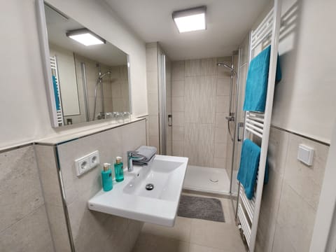 Family Room | Bathroom | Shower, rainfall showerhead, designer toiletries, hair dryer