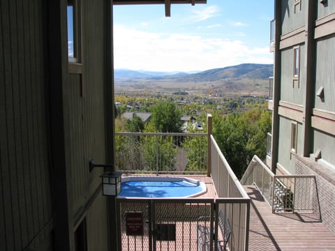 Clubhouse view to valley, with outdoor hot tub, sauna , exercise room and laundr