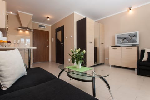 A broader shot of the living space, showing the kitchen and living room combined into one open-concept area. The kitchen features modern wood cabinets and appliances.
