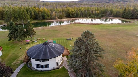 Drone view with swimming lake.