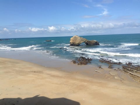 The beach in  in front of the building 