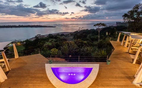 Lower deck with Cabanas, Jacuzzi, bar, and spa services. 