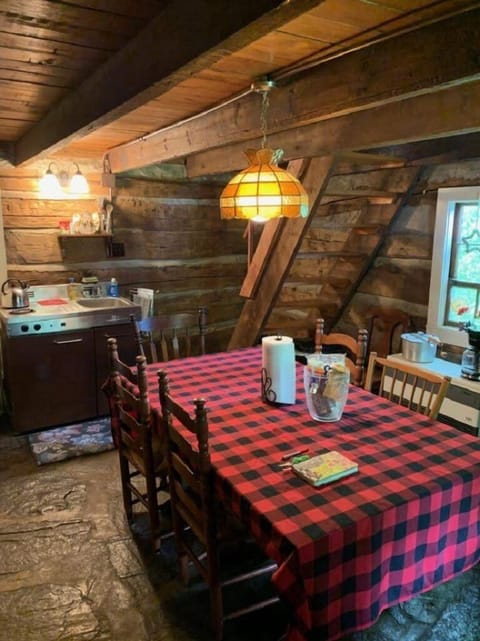 Dining area in the old part of the Cabin. Large refrig, Microwave