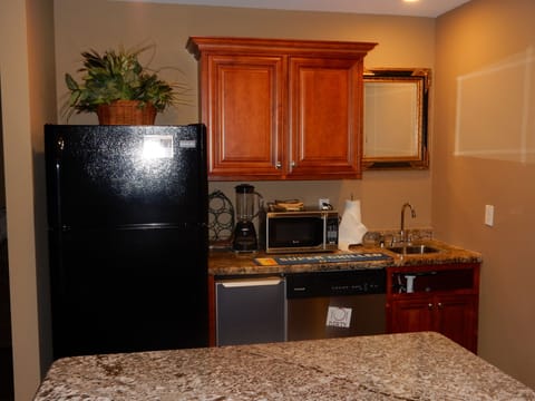 Bar with refrigerator, microwave and sink on bottom floor