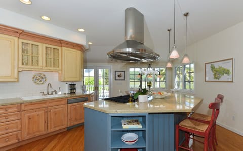 A cook's kitchen with all the appliances, service pieces and support items