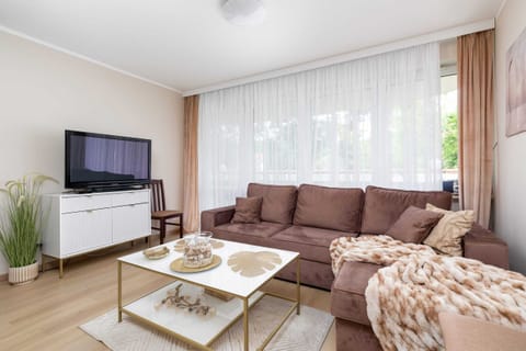 Bright living room with brown sofa bed and coffee table. Next to it is a white chest of drawers on which is a flat-screen TV.