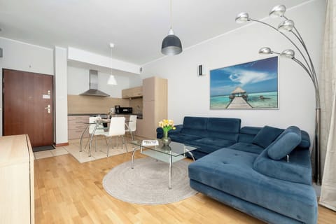 A modern living area with a blue couch and a round rug. The design feels spacious and well-lit.