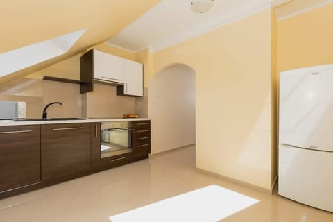 Loft kitchen. Furniture in brown and white. Kitchen has oven, hob and microwave. A large white fridge stands to the right.