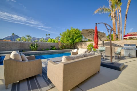 Pool deck with mountain views