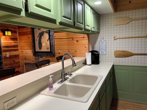 The kitchen has plenty of space for food preparation.