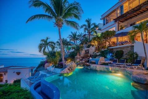 Patio with ocean view during the evening