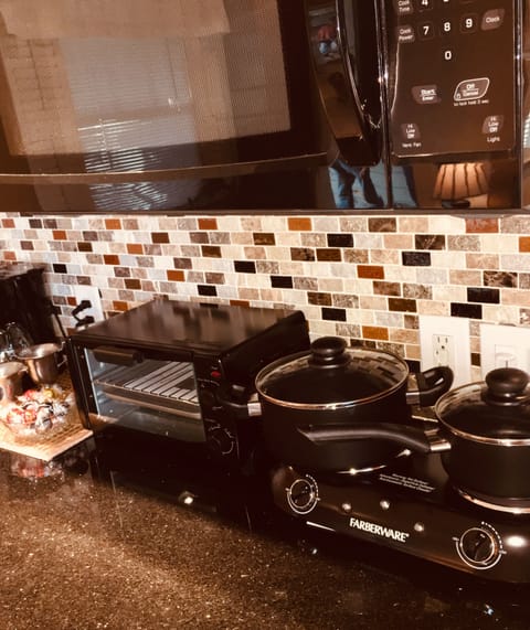 New toaster oven, pots, and hot plates