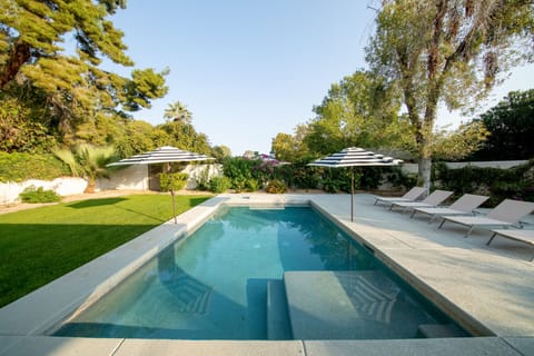 Amazing backyard oasis with heated pool, over 10 lounge chairs & mature trees