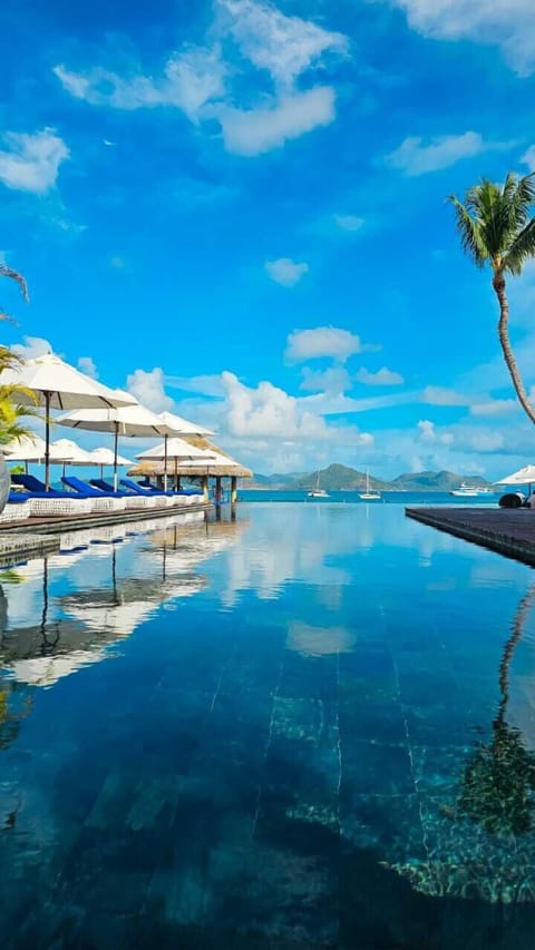 Outdoor pool, pool umbrellas, sun loungers