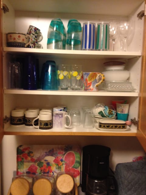 Plenty of glasses, mugs for a large crew. Coffee maker (Keurig, french), toaster