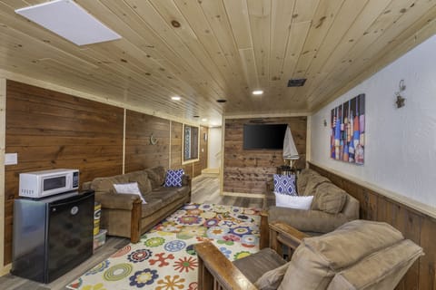 Basement/playroom also has a flat screen tv, mini fridge, and microwave