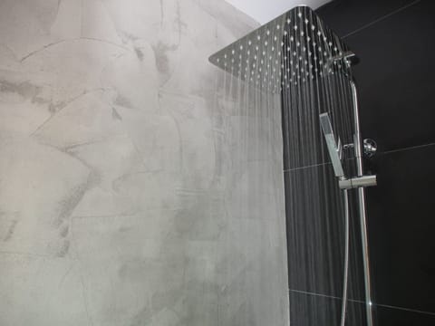 Shower, designer toiletries, hair dryer, towels