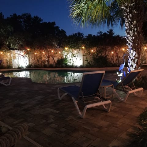 pool deck at night
