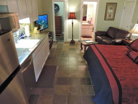 The studio has everything you need and features a king bed