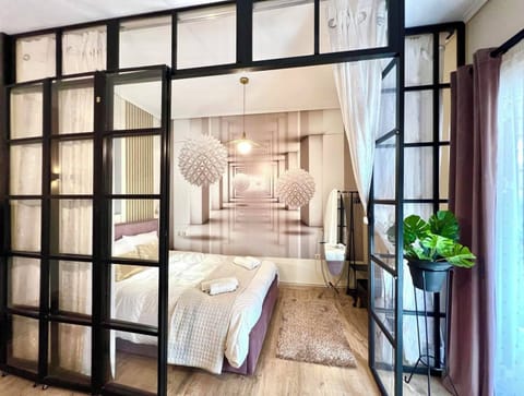 Glass  bedroom ,open wardrobe, Full length mirror, luggage stand, a/c