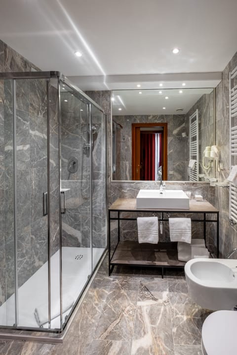 Hair dryer, bidet, towels, soap