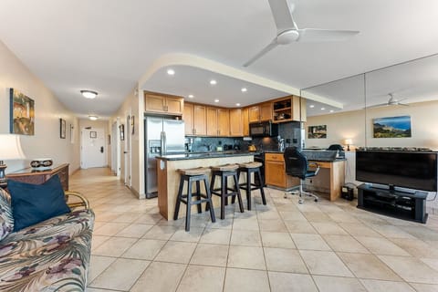 Large flat screen LCD color TV, DVD player, stereo.