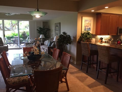 Living room easily seats 6 people. Living room sofa is a queen pull out bed.