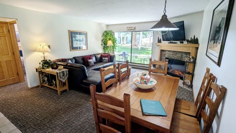 Living room with sofa bed, gas fireplace, and patio w/ propane BBQ grill