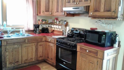 full kitchen, full size appliances, and all the usual counter appliances.