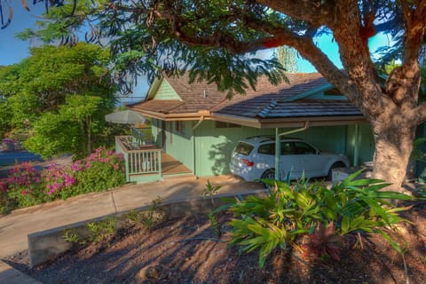 The cottage is surrounded by beautiful tropical flowers and trees