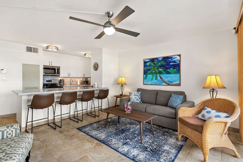 Looking from the lanai into the livingroom and modern kitchen