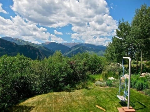 Lush mountain view from back yard with an original Aspen ski lift swing!!!