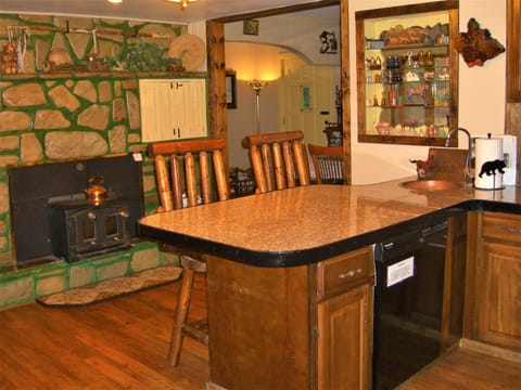 KITCHEN BAR AREA AND FIREPLACE