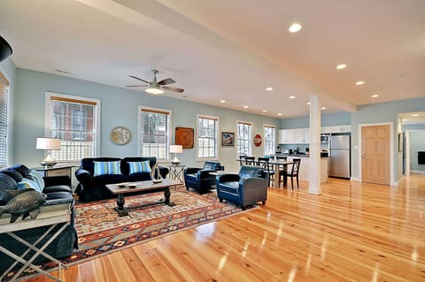 The great room is open, spacious, and bright.