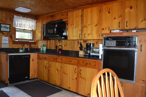 Kitchen stocked with pots, pans, plates and utensils.