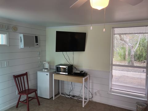 Lower level king has coffee maker, fridge, microwave, and smart TV