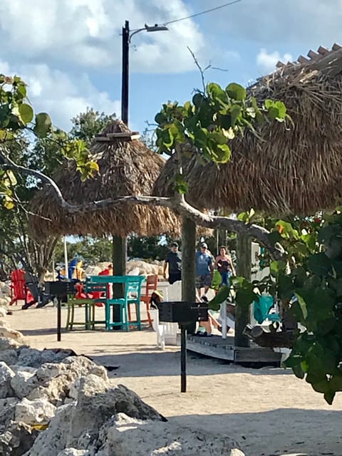 Sandy lounging area by the marina