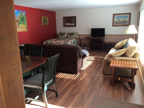 The living room has a queen size bed and free tv .