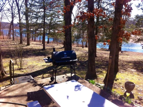 Lakeside porch with picnic table and grill with view of lake