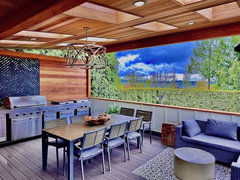 Expansive covered back deck with lounge area, skylights and five piece bbq grill