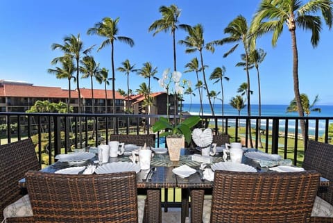 Dine al fresco on a balcony with ocean views.