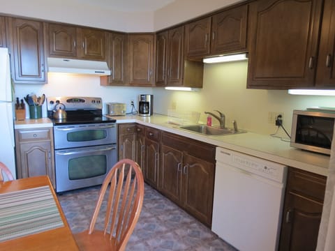 Kitchen, Stove, Refrigerator, Dishwasher, Microwave oven.