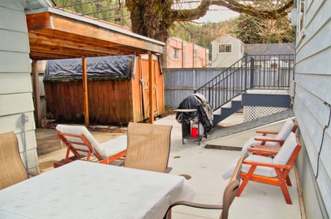 Backyard patio, bike shack and carport area