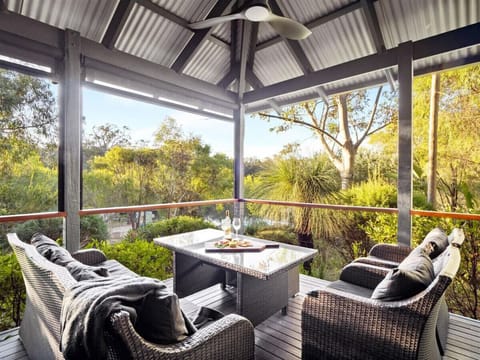 Garden View, Balcony/Terrace and Seating Area w/ Ceiling Fan