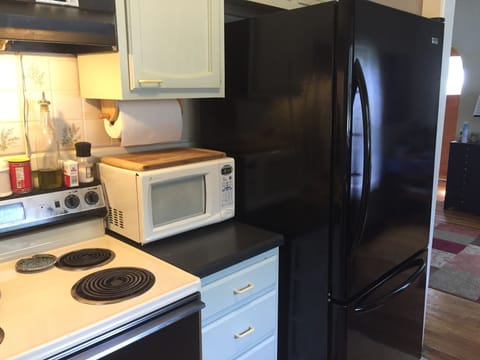Large refrigerator, electric stove, microwave, and oven