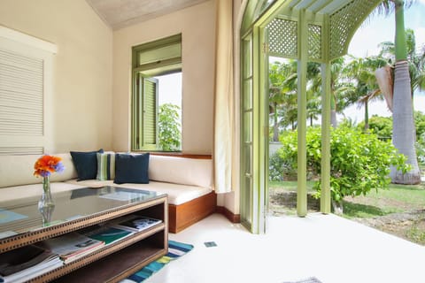 The bright and airy living area looks out onto the garden