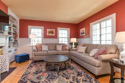 Smart TV, fireplace, books