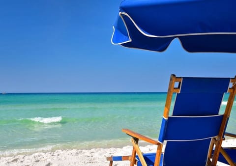 On the beach, sun loungers