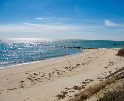 private beach on Nantucket Sound with sandy beach and warm shallow water